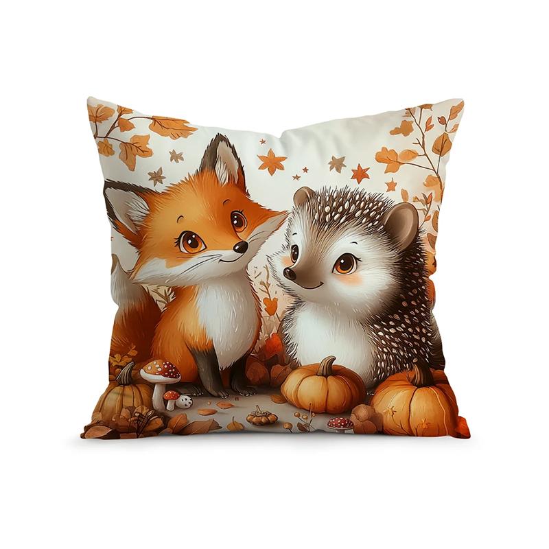 Home Decor Cute Hedgehogs & Foxes Autumn Scene Pillow Covers Pattern Cushion Cover Suitable For Sofa Bedroom Car Pillow Cover