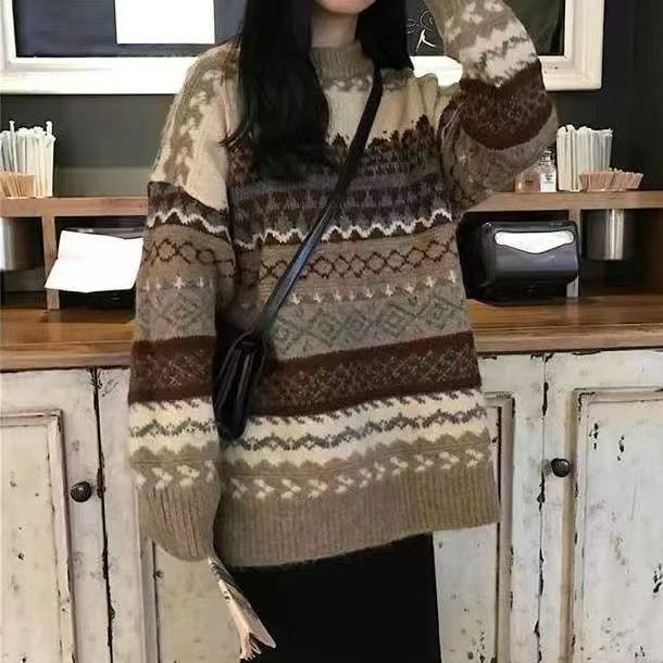 

Женские повседневные свитера на весну и осень, вязаные пуловеры с круглым воротником большого размера, свободные полосатые джемперы, повседневные топы S хаки