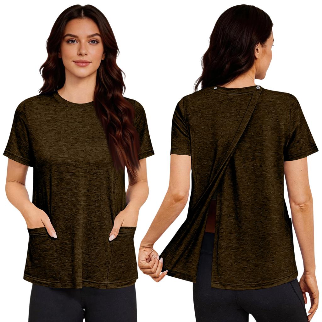 Chemise de couleur à manches courtes post-opératoire pour femme avec fermeture au dos et poche