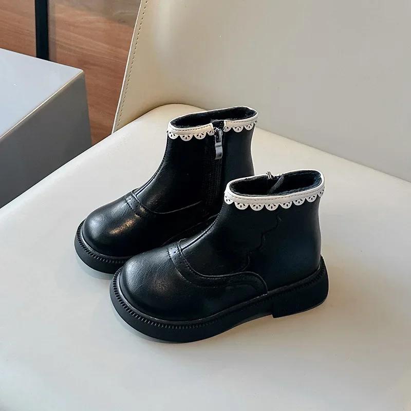 Girl Child Boots Winter Black Beige Versatile Princess Ankle Boots Sweet Ruffled Edge Versatile Kids Fashion Causal Cotton Boots