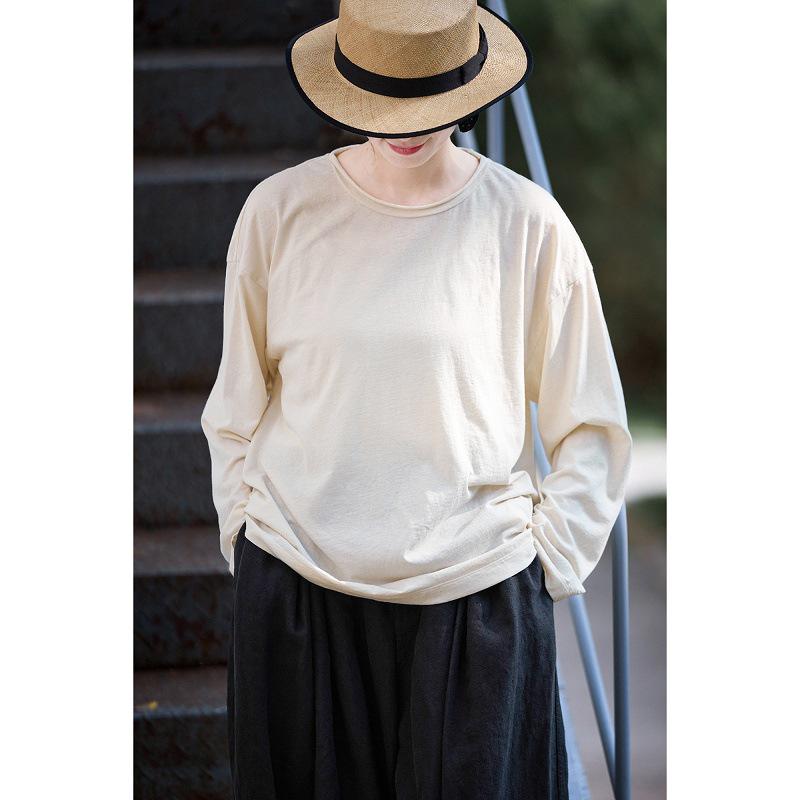Autumn Beige Round Neck Long Sleeve Knit Top for Layering and Spring Commute