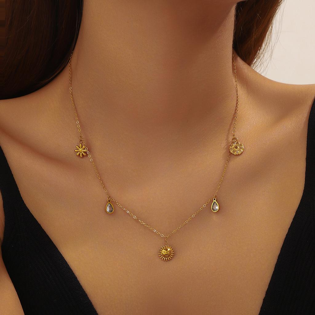 DIEYURO 316L Stainless Steel Golden Zircon Sun Flower Shell Pendant Necklace Lady New Fashion Neck Chain Jewelry Party Gift