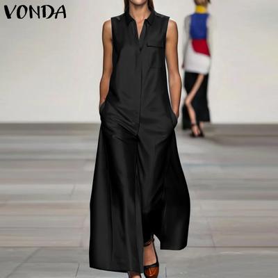 Women Sleeveless Satin Thin Jumpsuits V Neck Pockets Casual Long Rompers 