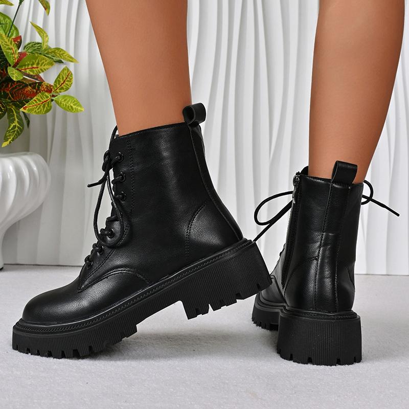 Fashion Black Punk Lace Up Motorcycle Boots Women Autumn Winter Platform Ankle Boots Women Plus Size 35-43 Zip Pu Leather Booties Mujer