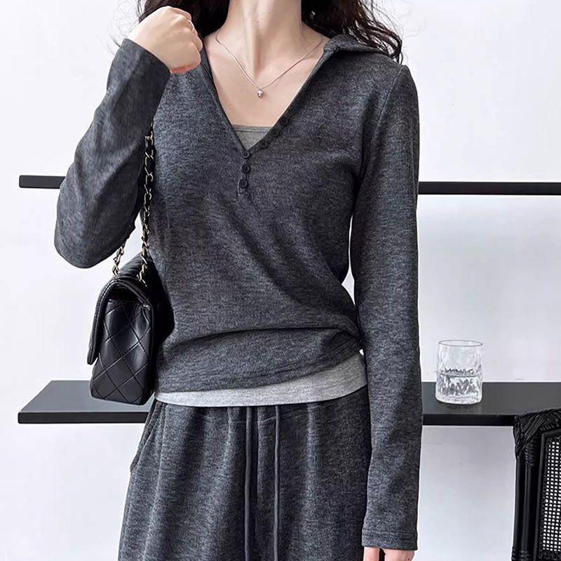 

Petite Women s Faux Two-Piece Cashmere Set: Chic Spring/Summer Long-Sleeve Top & Wide-Leg Pants S [Recommended 75-90 lbs]