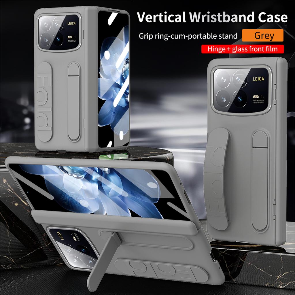 Luxury Vertical Silicone Wristband Case for Xiaomi Mix Fold4 Solid Color with Integrated Stand Glass Front Film Skin Feel Shockproof Protect Cover