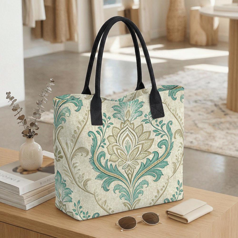 Boho Floral Canvas Tote Bag Large Casual Shoulder Handbag for Daily Use