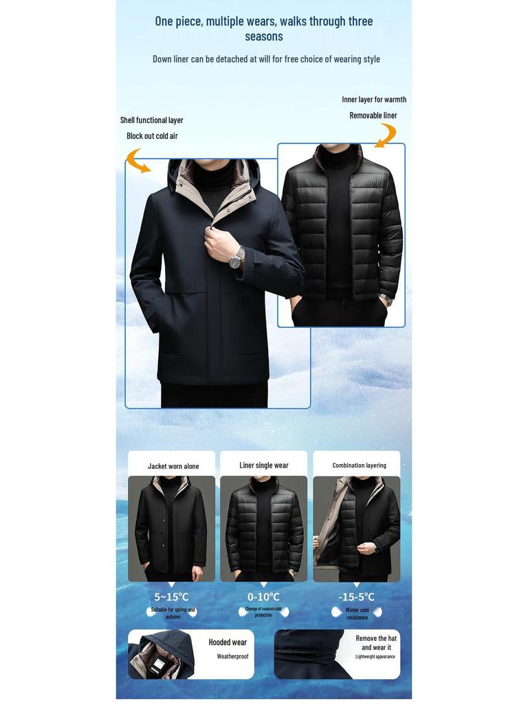 Men's Fashionable Hooded Winter Jacket with Detachable Liner - 90% Duck Down, Cold-Resistant, Ideal for Middle-Aged