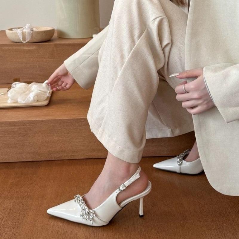 French Temperament High Heels Rhinestone Sandal Female Summer Pointed Satin White Wedding Shoes Bridesmaid Shoes