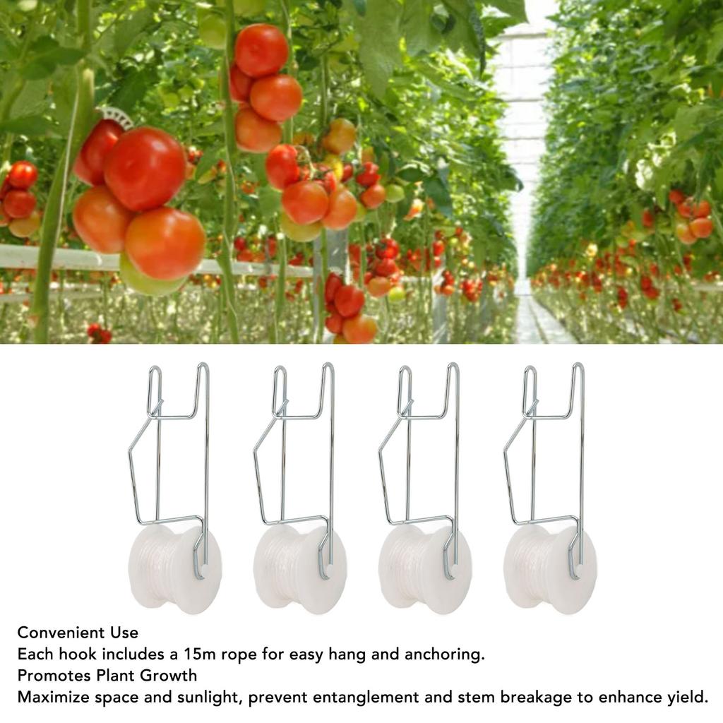 6Pcs Plant Roller Hooks with 49.2ft Twine Galvanizing Steel Wire Stable Support Flower Vine Twine Crop Trelli Kit for Greenhouse Farm