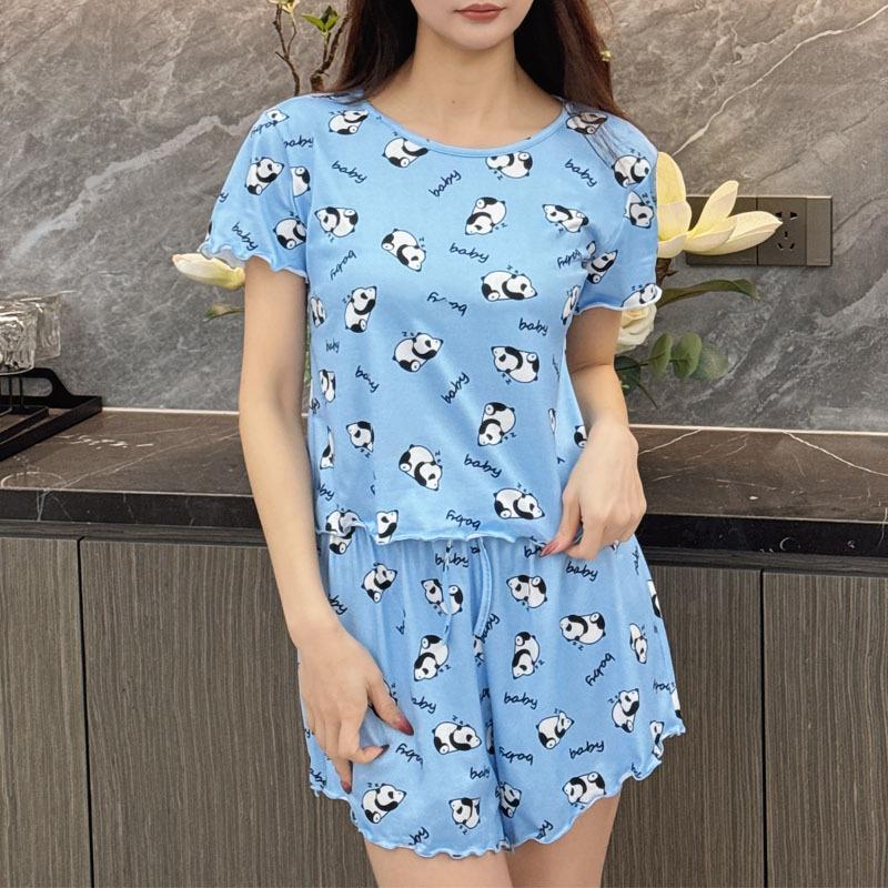 2025 Summer Women's Pajamas Set O-Neck Crop Tops & Shorts Thin Sleepwear 2 Pieces Sets Pajama for Girl Funny Cartoon Print Youth Homewear