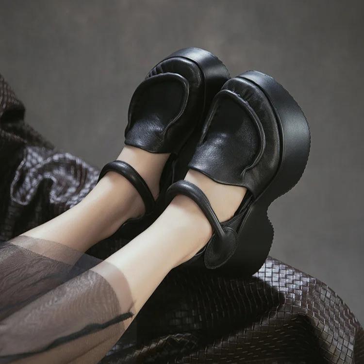 Johnature Sandales en Cuir Véritable à Semelles Épaisses Bout Rond Rétro Talon Épais Chaussures Plateformes pour Femmes