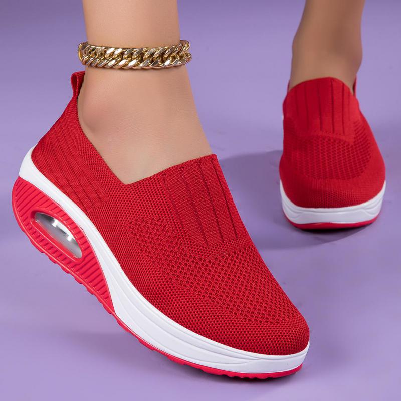 Fashion Spring White Casual Shoes Air Cushion Platform Sports Shoes Women Breathable Sneakers Thick Sole Slip On Knitting Walking Shoes