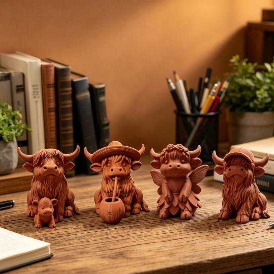 Rustic Highland Cow Ornament, Terracotta Color 3D Printed Cow Statue, Cute Highland Cow Figurine for Home Desk Shelf Farmhouse Decor