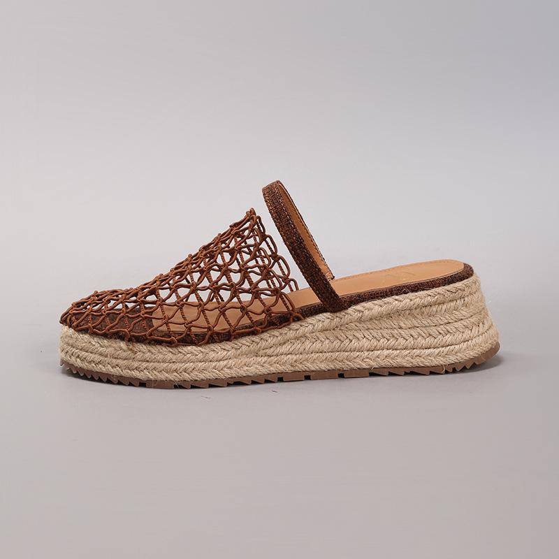 Hemp rope slope heel platform sandals women's mesh hollow breathable casual flat bottom cool slippers daily fashion breathable mesh