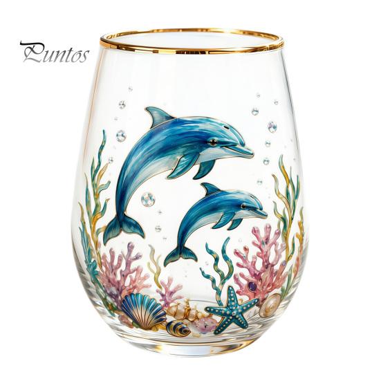 Retro Enamel Style Cup Hand Painted Glass Tumbler, Egg Shaped with Gold Rim, Clear Lead-Free Ocean Turtle Pattern Mug for Tea Coffee Wine Juice
