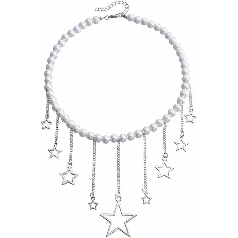 JczR.Y Moon and Star Necklace - Crystal Star Moon Tassel Rhinestone Crescent Pentagram Fringe Pendant for Women Party Statement Jewelry Accessories