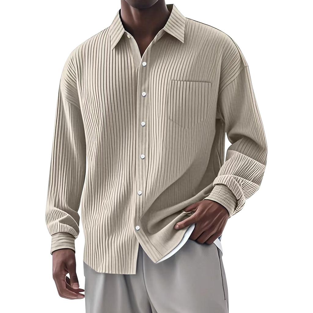 Men's Summer Solid Color Stripe Lapel Long Sleeved Shirt Men's Casual Fashion Long Sleeved Shirt