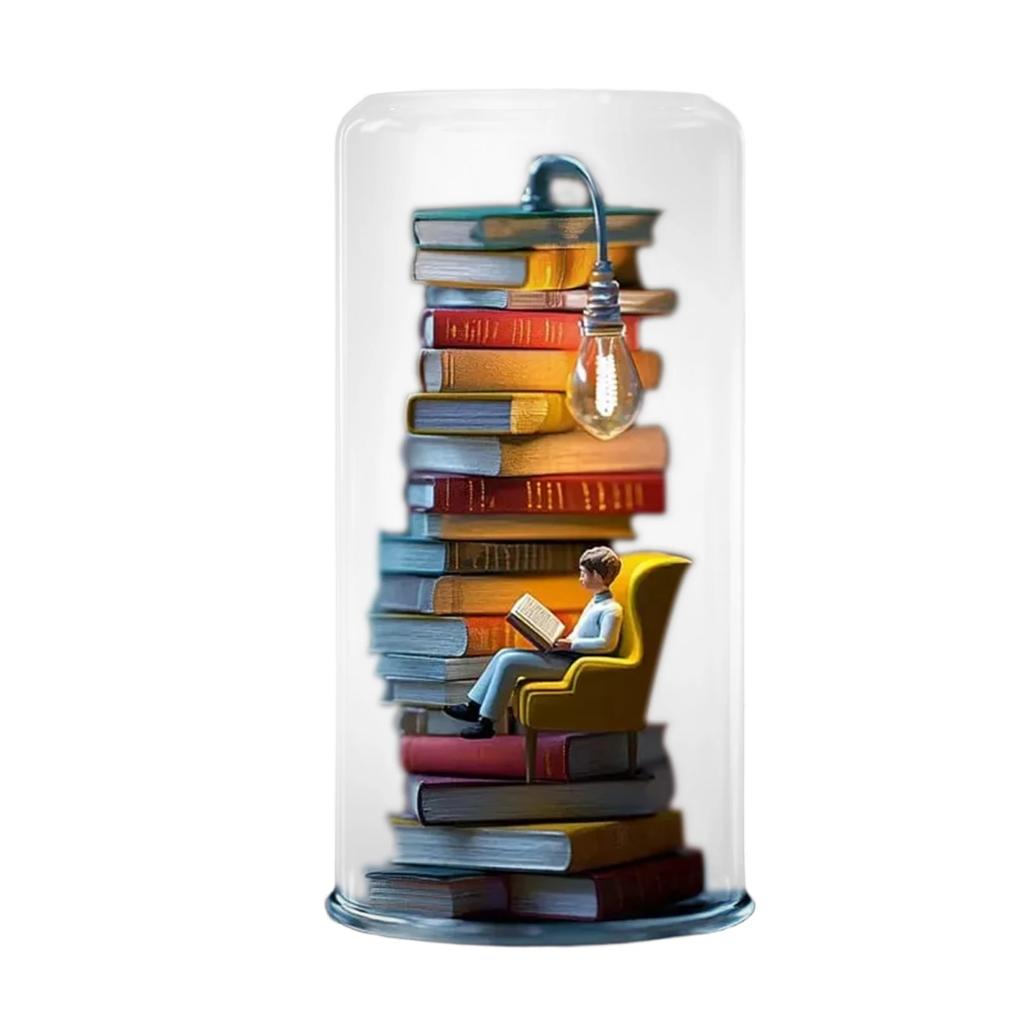Reading in a Test Tube Night Light, LED Desktop Lamp with Miniature Books, Creative Gift for Book Lovers Readers