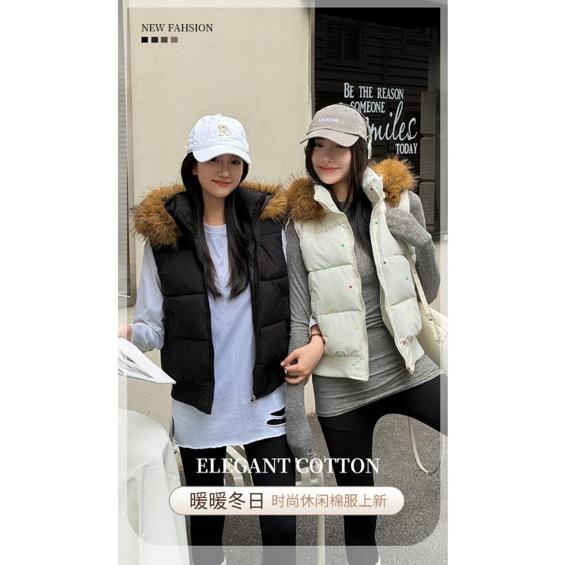 Women Hooded Fur Collar Padded Short Vest Warm Casual Autumn Winter