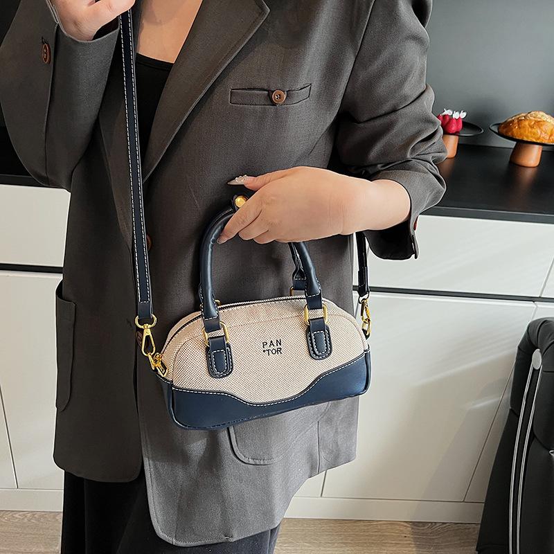 Contrasting Color Retro Small Bowling Bag Niche Design Women's Handbag Simple Commuter Boston Shoulder Pillow Bag