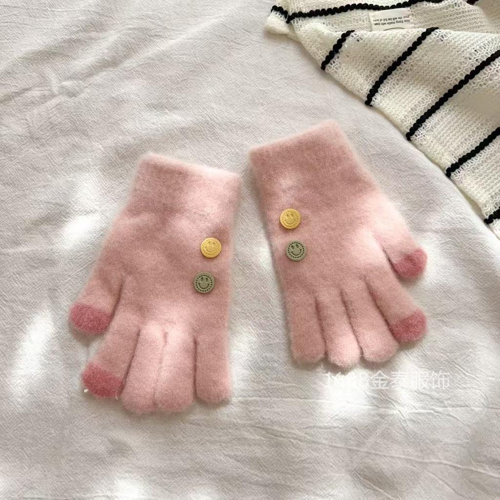 7-12 Year Old Children Button Five Fingers Warm Korean Version Smiley Face Baby Wool Boys and Girls Students Cold-proof Knitted Gloves