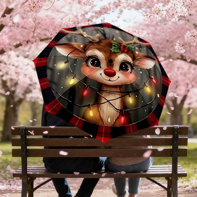 1PC Christmas, DeerAutomatic Open/Close Umbrella with Windproof, 8-Rib Sturdy Canopy, Durable Ribs, Fashionable Design, Outdoor Accessory, Fun Prin, H
