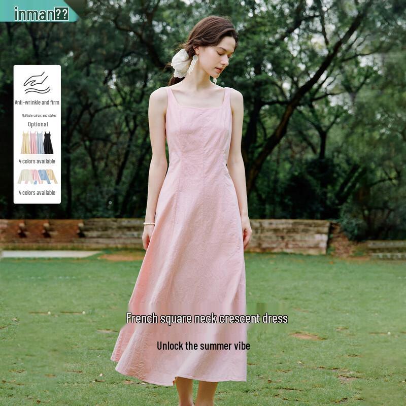 INMAN French Style Square Neck Spaghetti Strap Long Dress