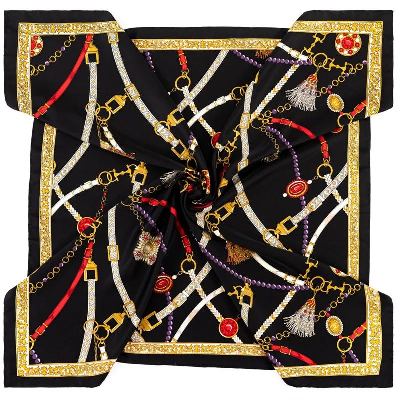 Manual Hand Rolled Twill Silk Scarf Women Belt Chain Square Scarves Echarpes Foulards Femme Wrap Bandana Lady Hijab 90Cm