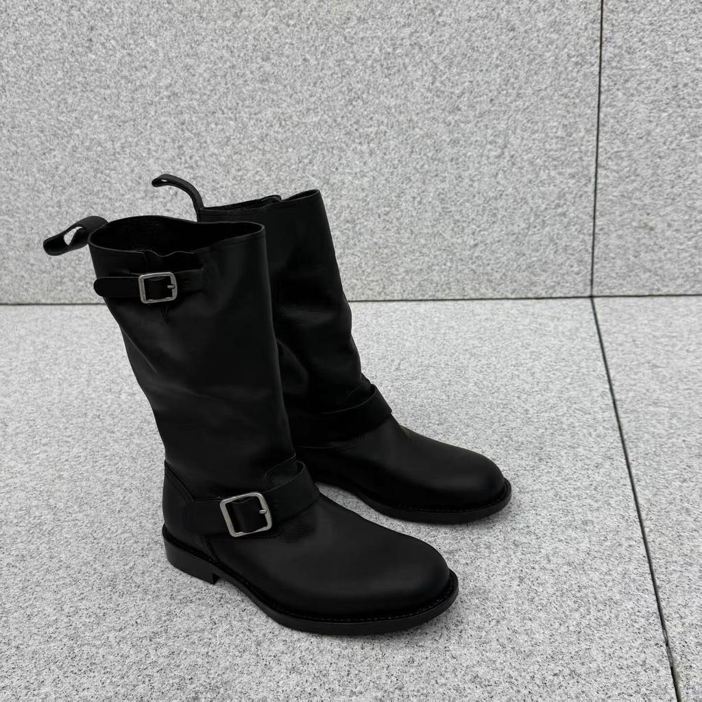 Versatile Round Head Belt Buckle Sleeve Martin Boots Autumn and Winter Leather Soft Leather Comfortable Knight Boots Women