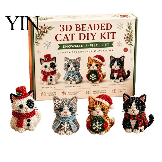 Kleberloses Perlen-Set 3D Perlen-DIY-Set, Lebensechtes Weihnachtstier-Bastelset, Perlenkatze Handgemachtes Einfaches Stickset für Kinder und Erwachsene Festlicher Feiertag