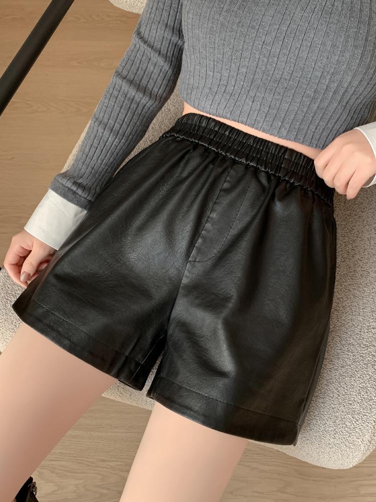 Women's PU Leather Wide-Leg A-line Shorts - Plus Size, Slimming, Five-Point, Spring & Autumn 2024