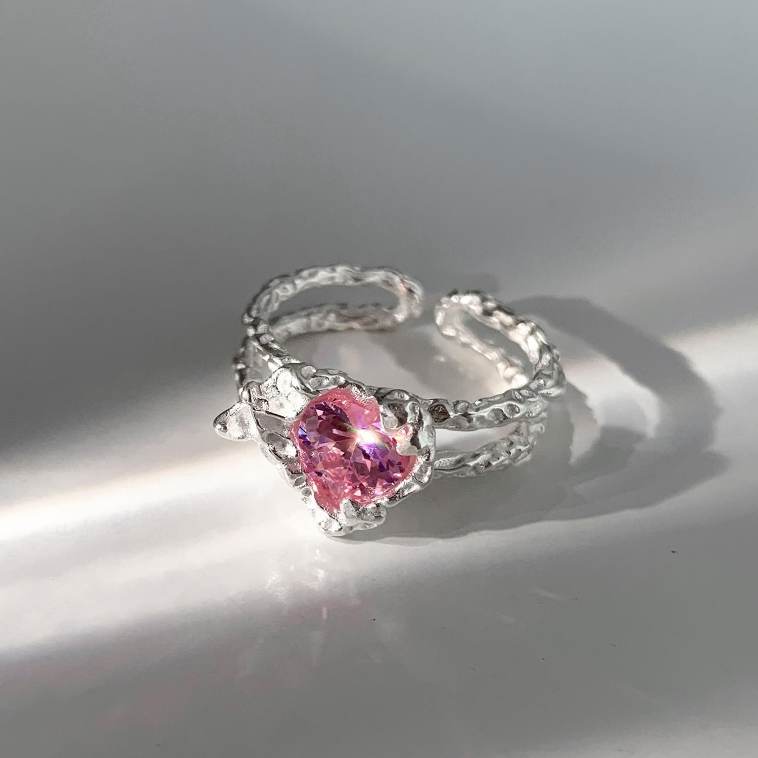 Niche Design Sense Pink Diamond-Encrusted Zircon Love French Simple Opening High-End Sense Gemstone Ring Women Adjustable opening