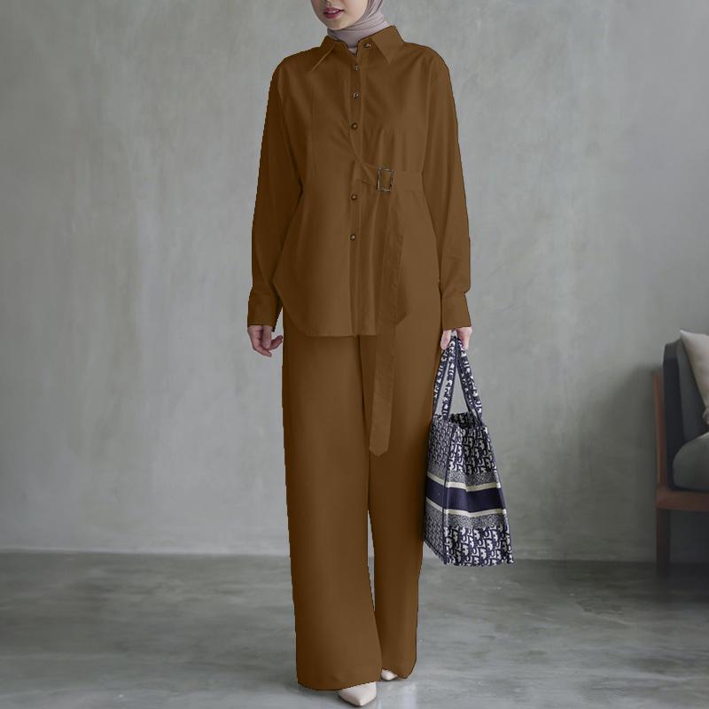 

Жіноча блуза з довгим рукавом і брюки ZANZEA повсякденного костюма з двох предметів 5XL коричневий