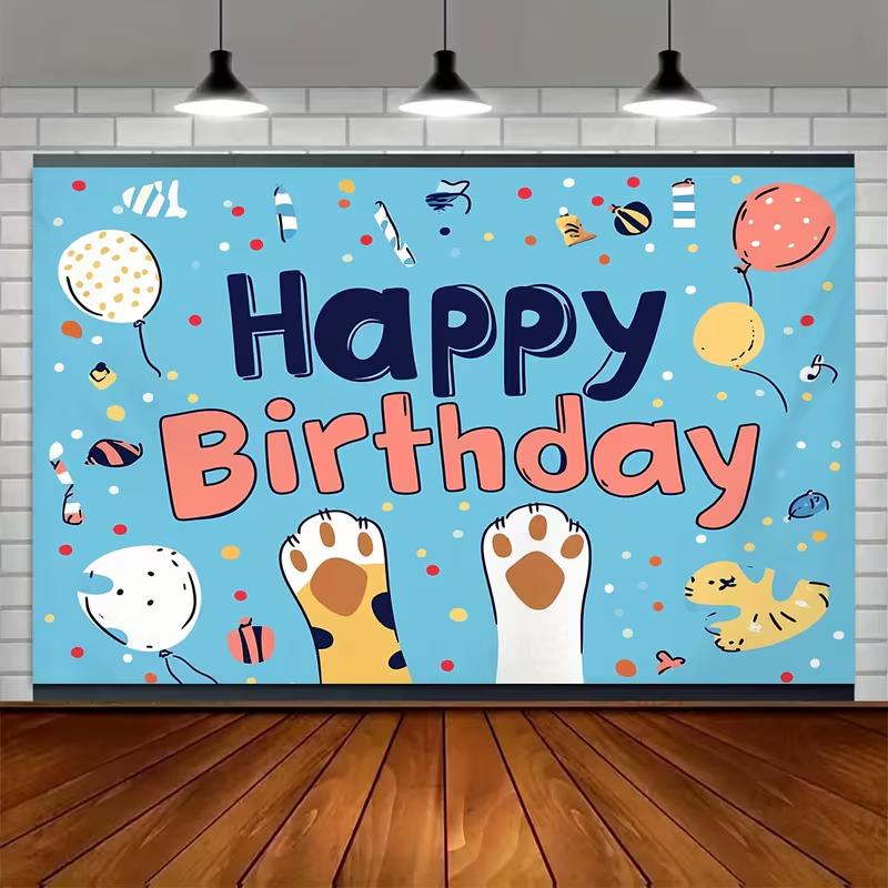 

2D Blue Happy Birthday Background Banner with Cat Paws & Balloons 47.2x31.5inch/120*80cm
