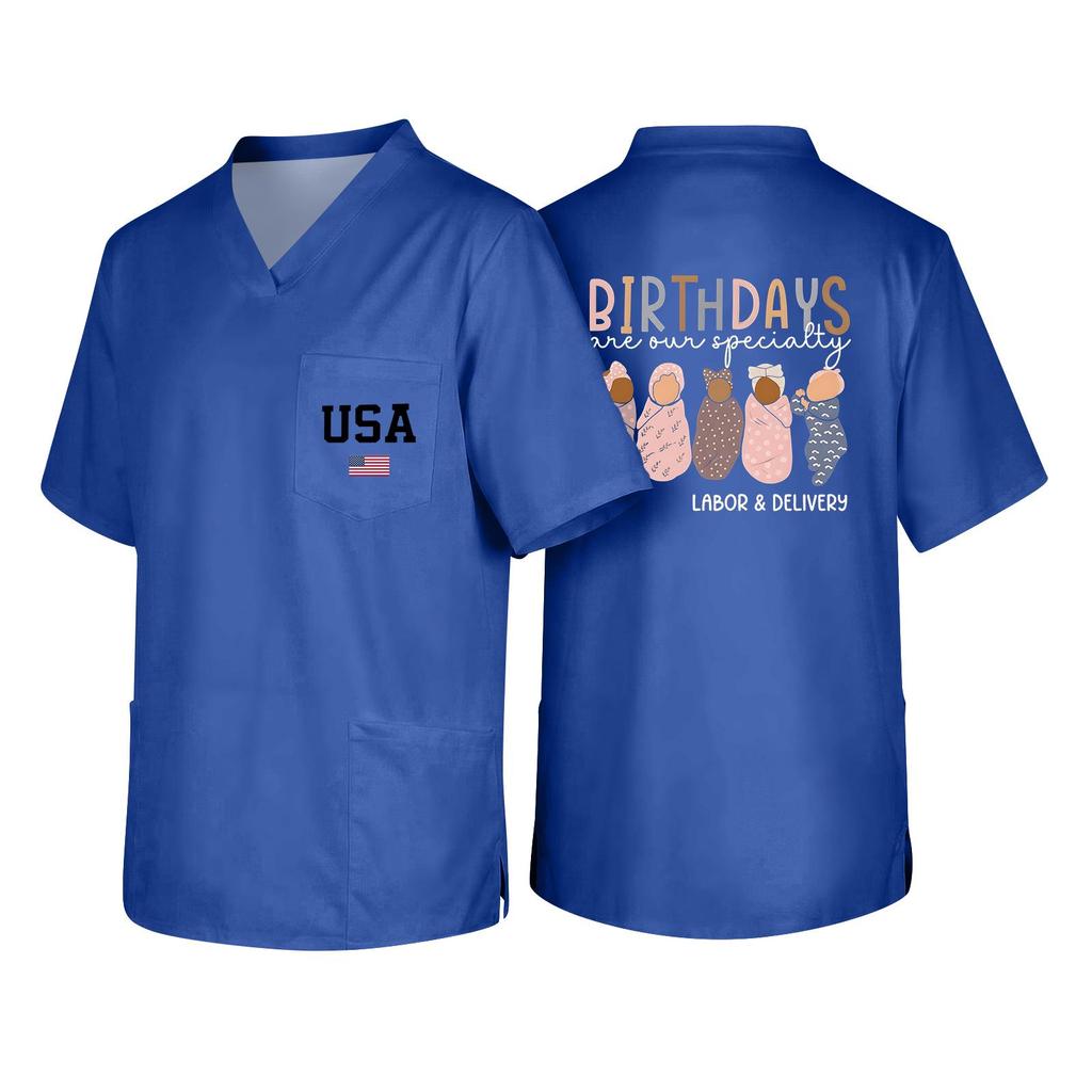 Men's Short Sleeve V-Neck Scrub Top with Pocket - Labor Day Fun Print - Uniform Tunic