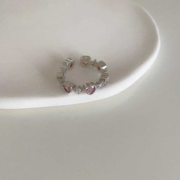 Sweet Pink Zircon Heart Metal Open Ring for Girls - Trendy, Versatile, and Stylish