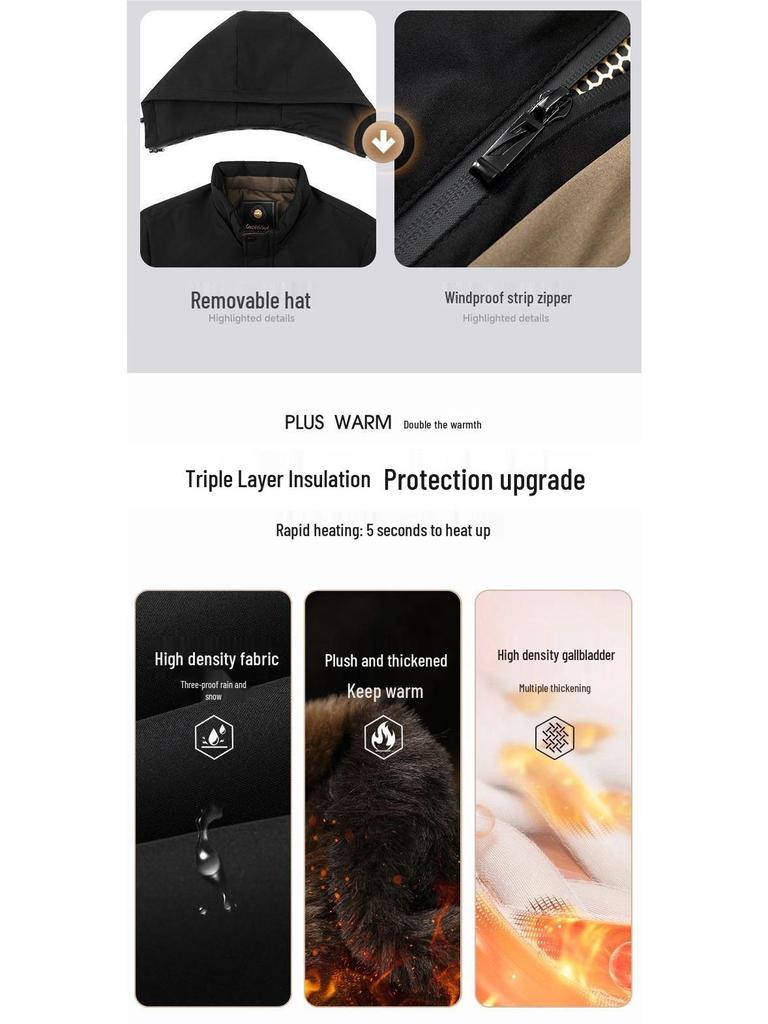 Winterjacke aus Baumwolle für Herren: Dicke, warme, kältebeständige Oberbekleidung mit abnehmbarer Kapuze, perfekt für die Garderobe von Männern mittleren Alters und Vätern.