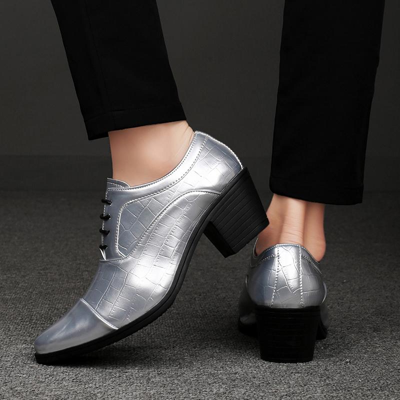 2026 Luxury Golden High Heel Shoes Men Fashion Business Formal Shoes Man Wedding Shoes Size 46 Pointed Toe Leather Shoes Men