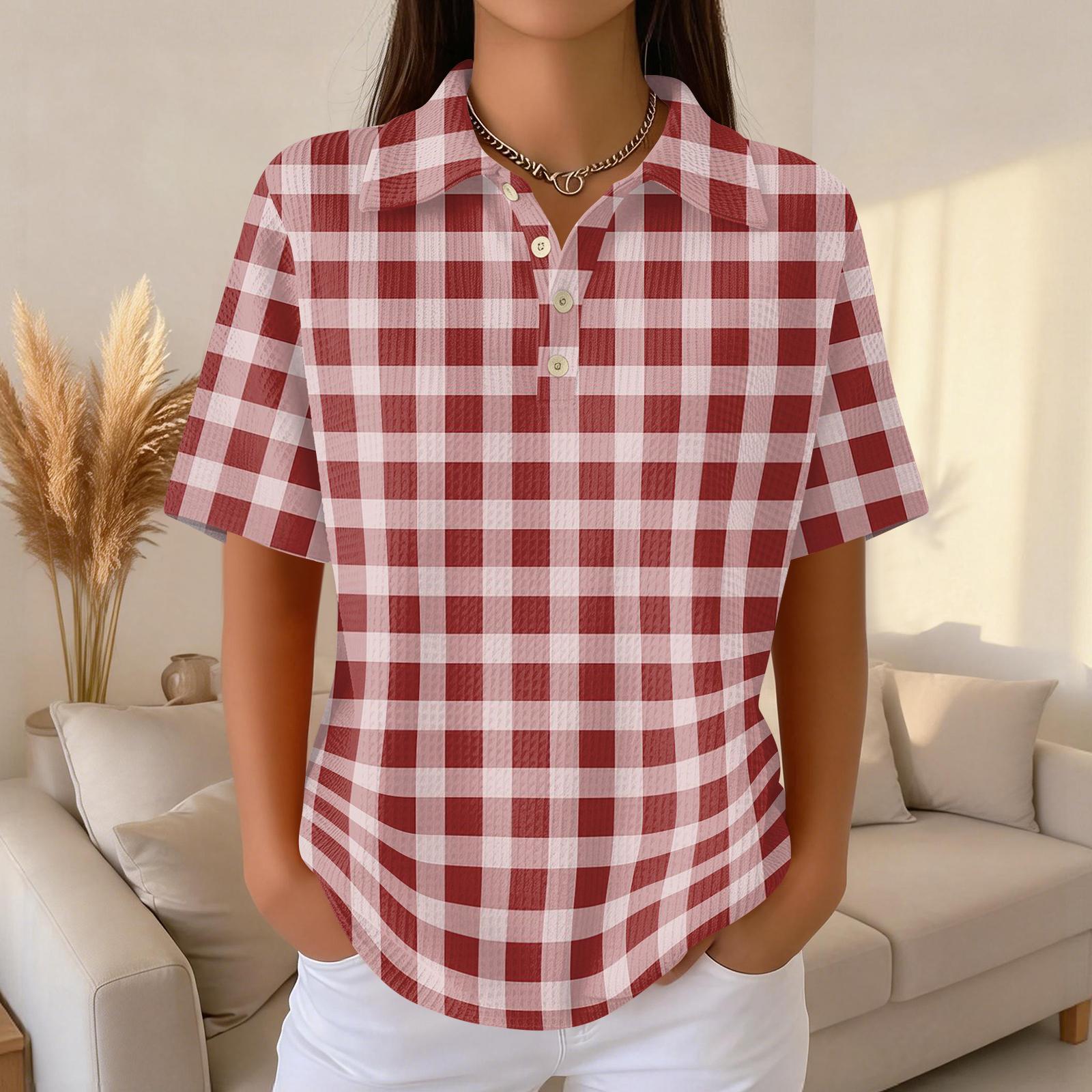 Short Sleeve Plaid Button Down Shirt for Women Casual Loose Fit Classic Checkered Collared Top Blouse S