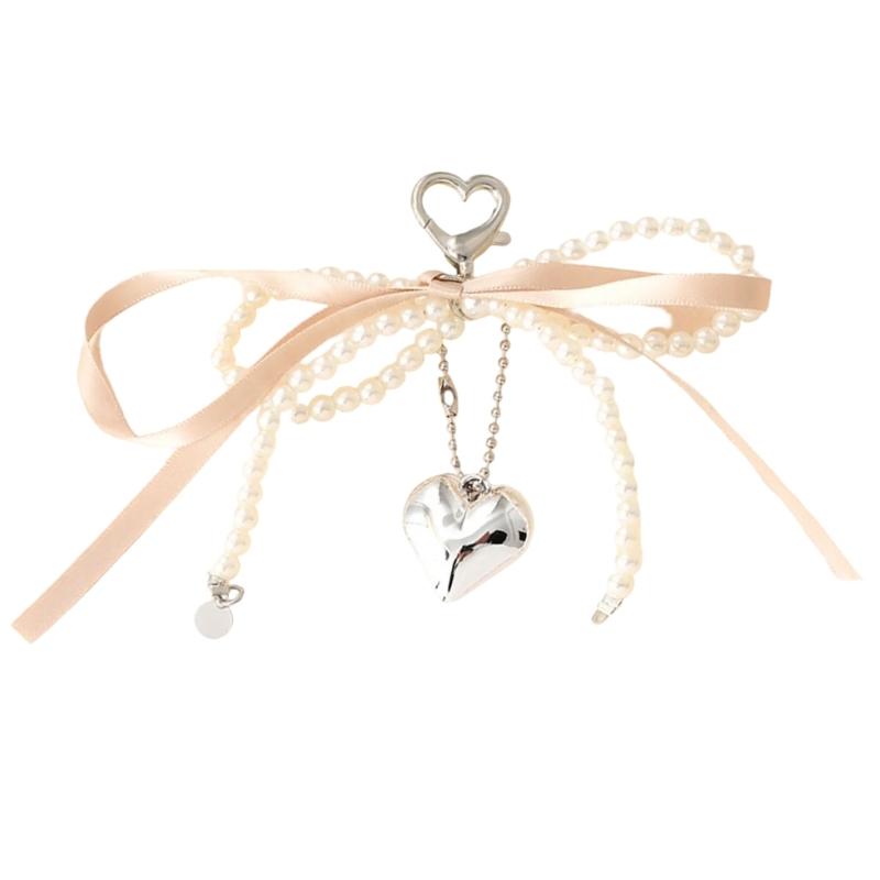 Elegant Pearls Bows Bag Pendant Practical Keychain Heart Shape Phone Ornament Keyring for Purse Handbag Decoration