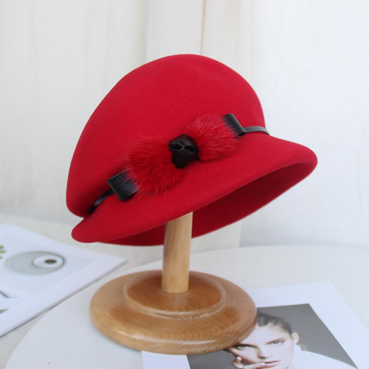 2024 Autumn And Winter New Woolen Basin Hat Versatile Dome Top Hat Women British Belt Felt Hat Bucket Hat