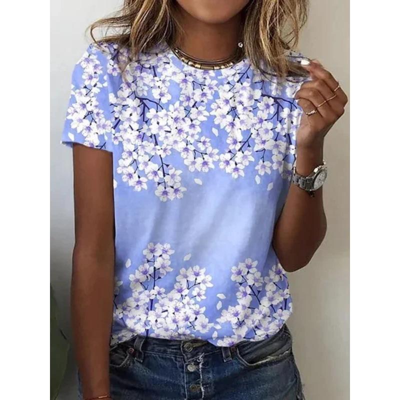 Summer Round Neck 3D Flower Print Top Fashionable Casual Short Sleeved Women's T-shirts