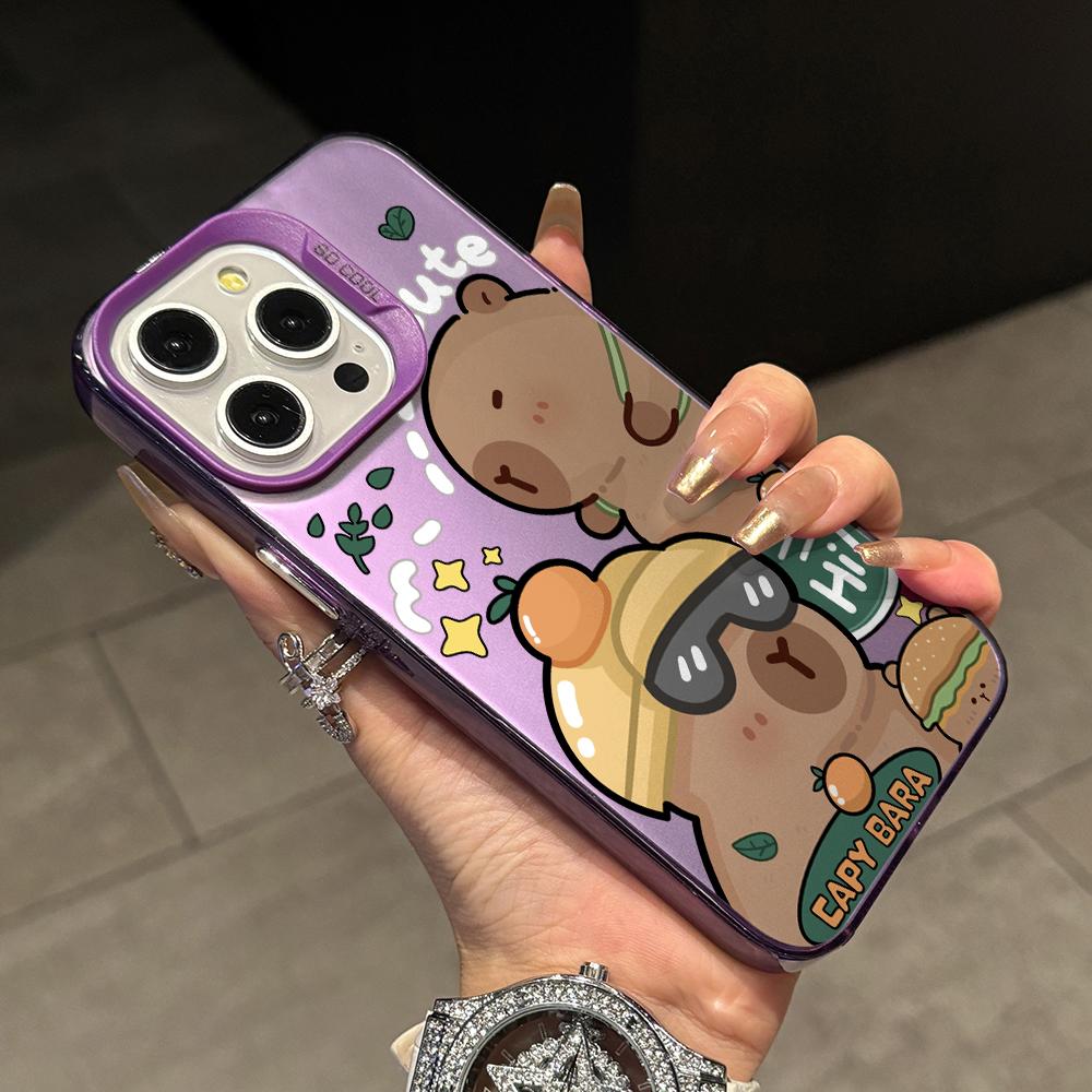 Lovely Cartoon Capybara Phone Case for iPhone 17 Air 16 16e 15 14 Plus 13 12 11 Pro Max X Xs XR 8 Colorful Silver Hard Cover