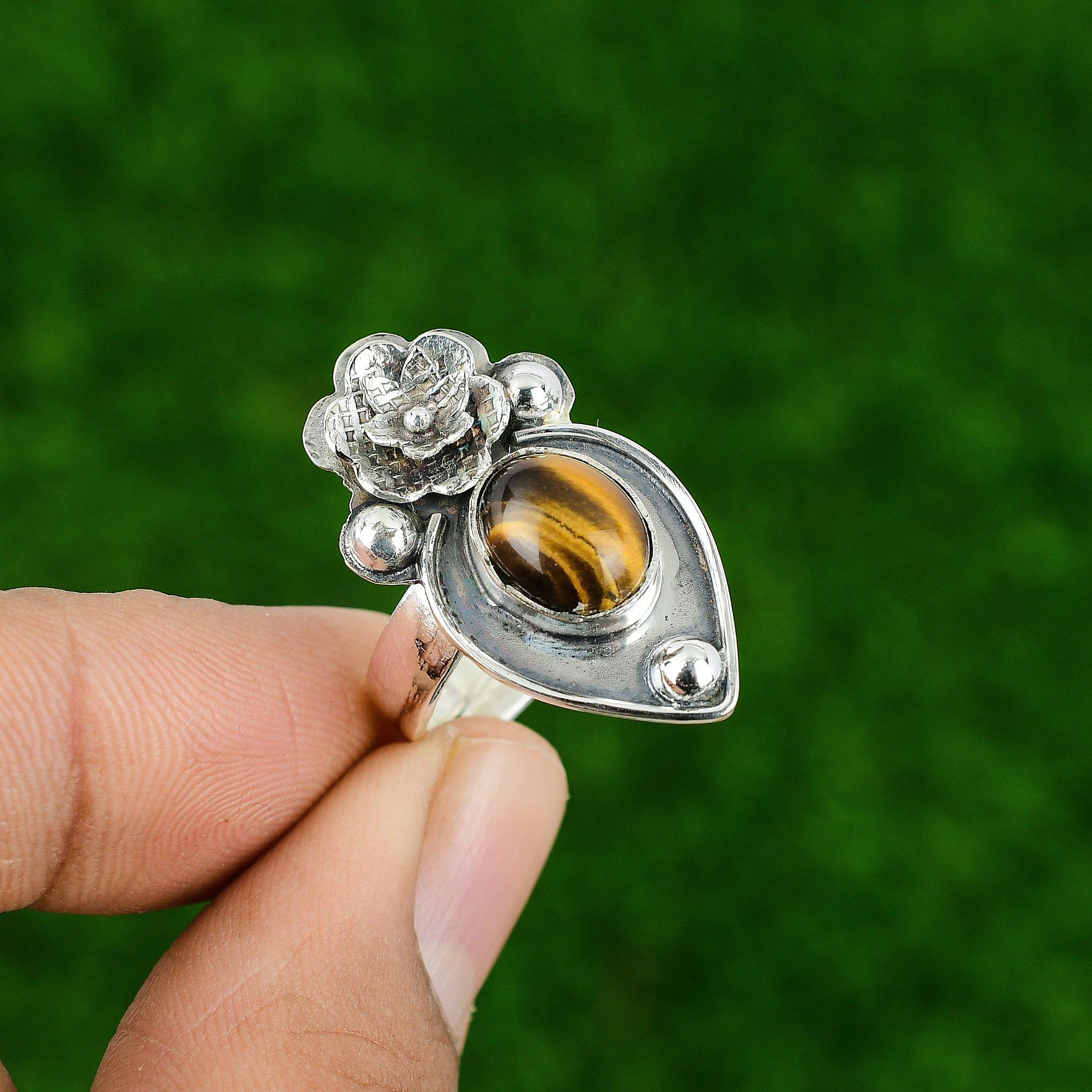 

Natural Tiger S Eye Gemstone Multi Stone Flower Adjustable Ring 925 Silver Adjustable