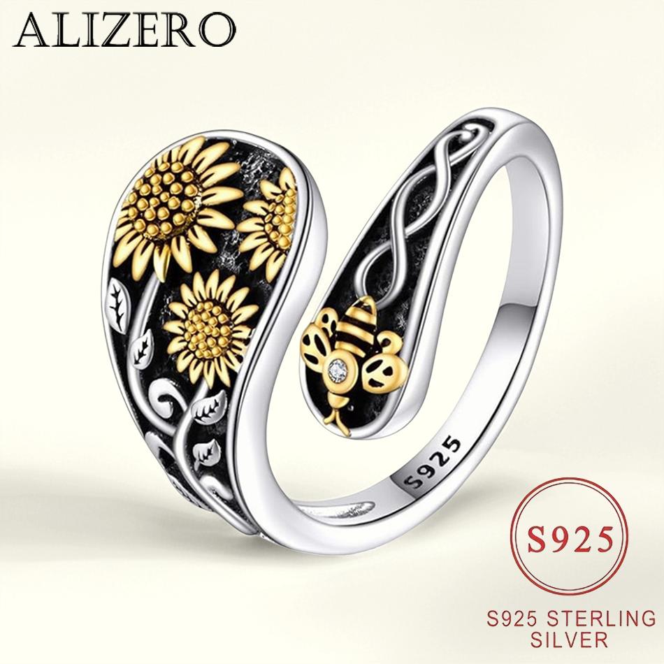 925 Sterling Silver Bee Sunflower Zircon Ring Unique Design Women s Bohemian Style Fashion Jewelry for Everyday Accessories Adjustable