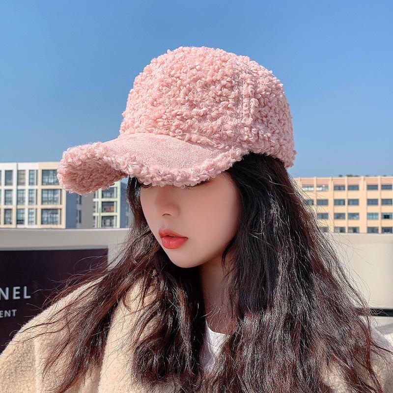 Lamb Wool Hat Women's Autumn and Winter Cap Ins Face Small Thickened Warm Baseball Cap Winter
