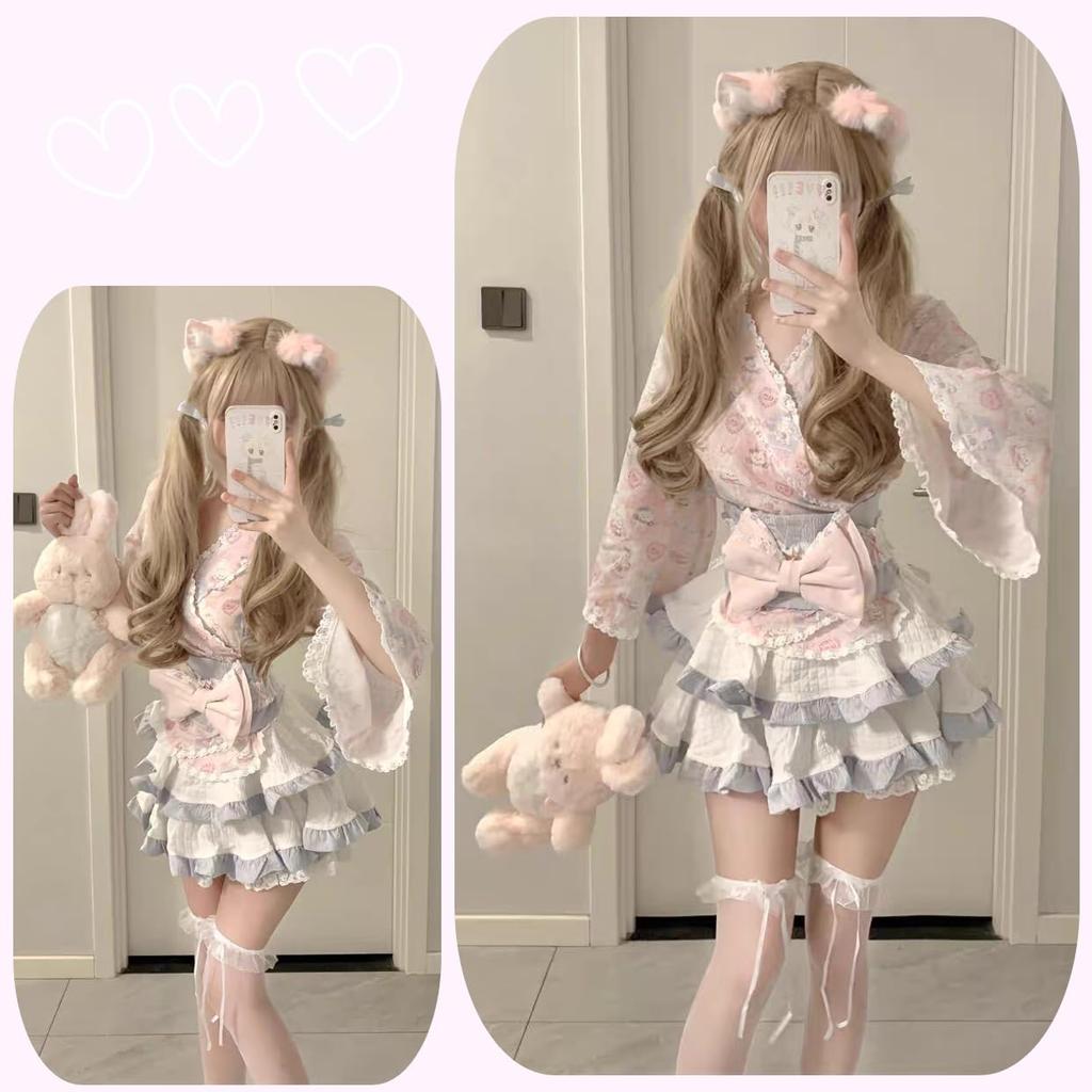 Ligwon Yukata Lolita Japanese Cosplay Top and Bottom Cute Costume for Cultural School Gift Dress, Pink, Style, Costume, Set, Women, Halloween,