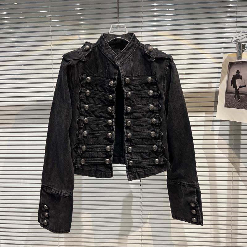 Black Stand Up Collar Denim Jackets Vintage Washed Motor Coat Women Autumn Loose Long Sleeve Outerwear