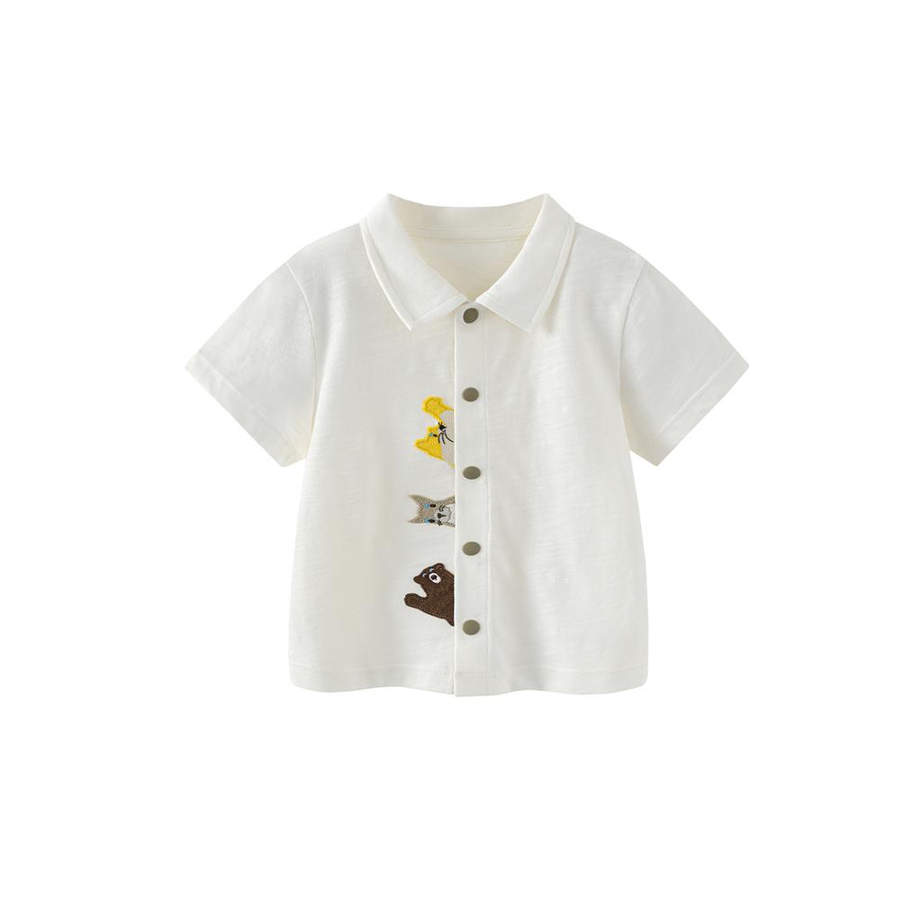 [Bamboo Cotton T] Mini Balabala Boys' Short Sleeved Shirt with Soft and Breathable Open Collar, Animal Open Collar Top for Summer